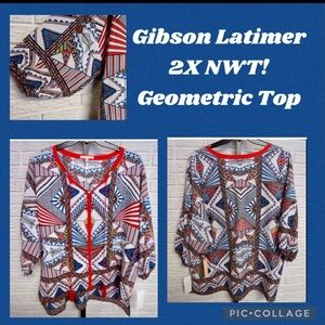 🆕Gibson Latimer 2X geometric tribal Aztec top blue red July 4th USA NWT!